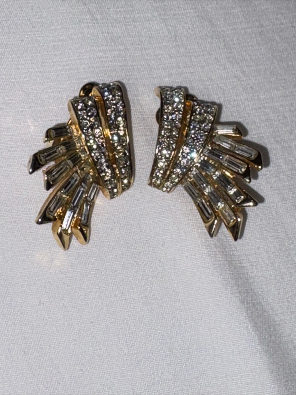 Vintage Clip Earrings Winged Design Rhinestones in Goldtone from Paris